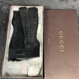 GUCCI Black Suede Courtney Microguccissima Logo Wedge Knee High Boots
